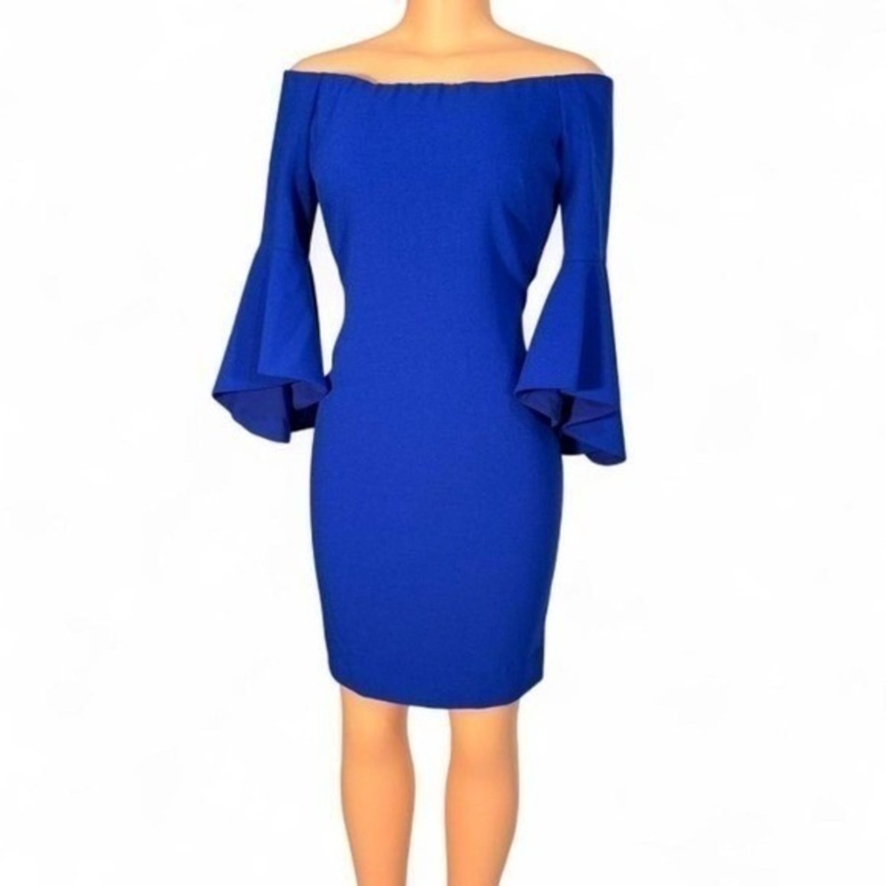 Chelsea28 Royal Blue Off The Shoulder Bell Sleeve Sheath Cocktail Dress Size 6